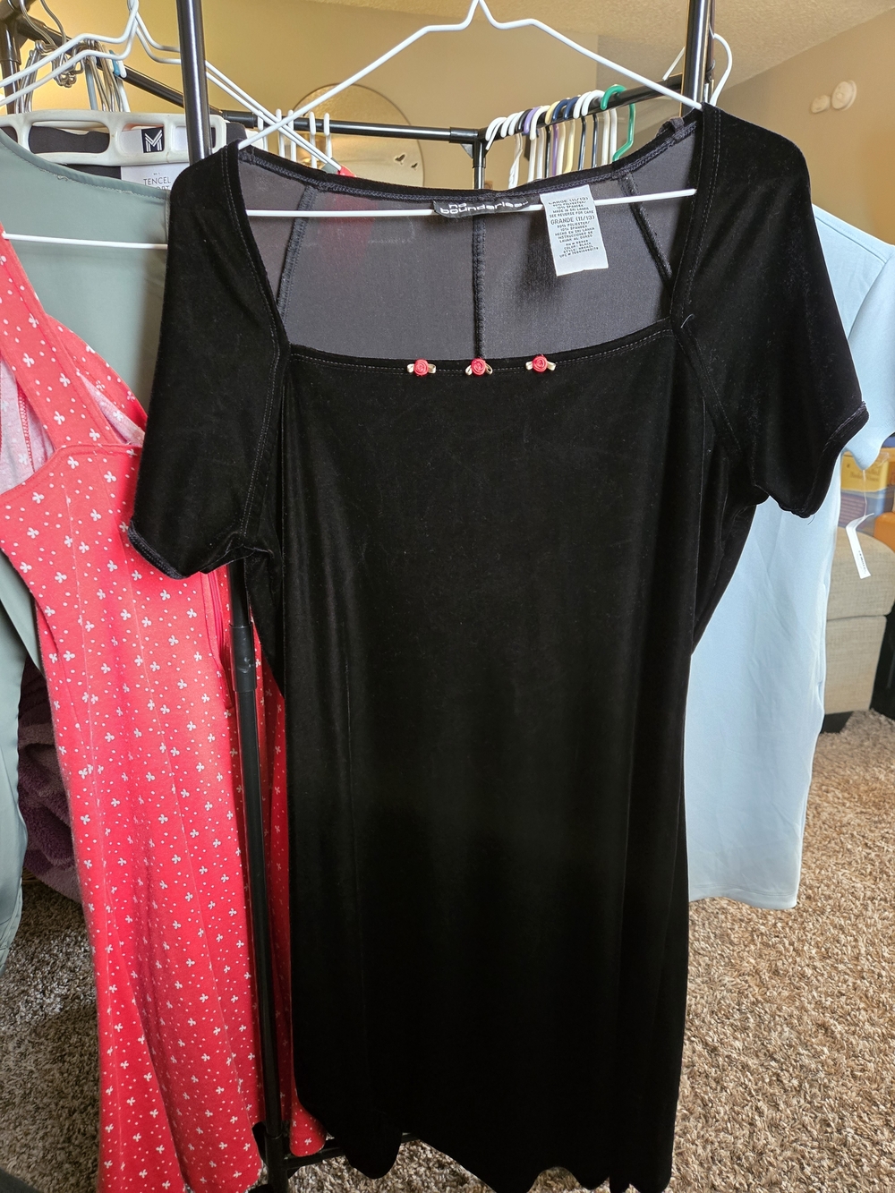 Y2K No Boundaries Black Velvet Mini Dress with Pink Flower Details